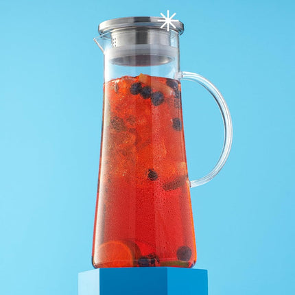 JoyJolt Glass Pitcher with Lid - 50oz Borosilicate Water Carafe, Jug with Stainless Steel Lid for Iced Tea, Lemonade, Juice, Mixed Drinks