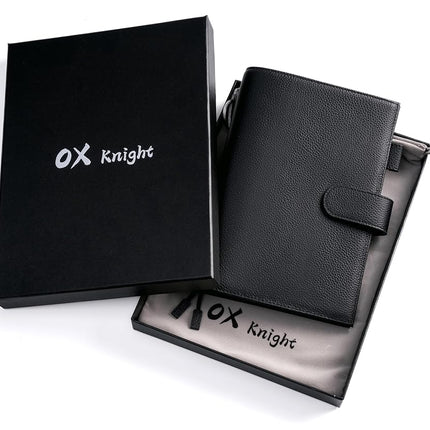 Ox Knight A5 Leather Planner Cover for Hobonichi Cousin, Stalogy, Midori, Leuchtturm1917, and More - with Pen Loop, Card Slots, Back Pocket, and Bookmarks (Black)