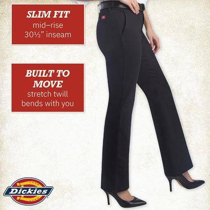 Pantalones Dickies de mujer de frente plano de mezcla de algodón elástico, negro V1, 12 corto