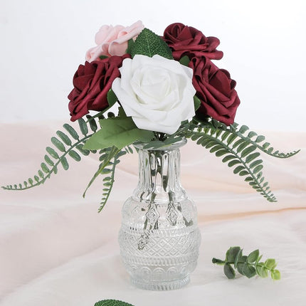 DuHouse 25Pcs Artificial Roses Flowers Fake Rose with Stems Real Touch Foam Flower Head for DIY Wedding Bridal Bouquet Baby Shower Centerpiece Floral Arrangement Party Home Decor(Burgundy)