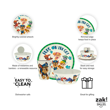 Zak Designs Juego de vajilla infantil de 3 piezas de La Patrulla Canina, plato, tazón y vaso de melamina y bambú duraderos y sostenibles son perfectos para la hora de la cena en familia (Chase, Marshall, Skye y sus amigos)