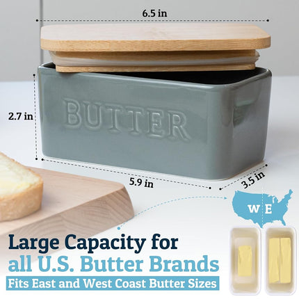 PriorityChef Extra Large Butter Dish with Lid for Countertop, Ceramic Butter Container with Airtight Cover, Butter Keeper for Counter or Fridge, Butter Holder Storage, Grey