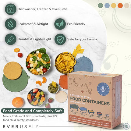 Everusely Stainless Steel Containers with Lids, Leakproof Stainless Steel Lunch Containers, Stackable Stainless Steel Food Containers with Lids, Metal Food Containers with Lids, Snack Containers