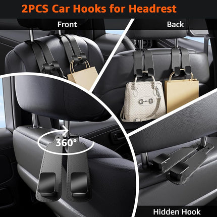 Geyrut Ganchos de Reposacabezas para Coche, Gancho Multifuncional de Cuero para Bolsos de Coche, Gancho Doble de Metal para Asiento Trasero, Perchas de Coche para Asientos, Organizadores de Coche (Paquete de 2, Gris)