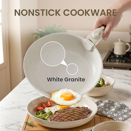 Juego de 12 sartenes y ollas Simple Deluxe, juego de utensilios de cocina antiadherentes, utensilios de cocina de inducción de granito blanco con mango desmontable, apto para horno, libre de PFAS y PFOA, beige