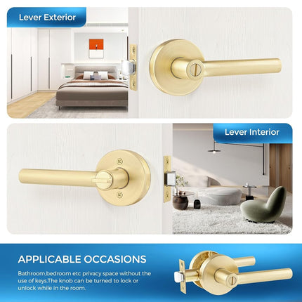 Leydebong 3 Pack Round Door Lever Privacy Door Lock Handle Keyless Lockset Door Knobs Bedroom Bathroom No Key in Gold