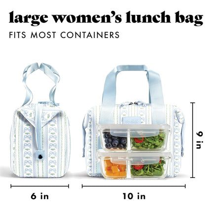 Fit & Fresh Neoprene Lunch Bag For Women, Insulated Womens Lunch Bag For Work, Tear & Stain Resistant Large Lunch Box For Women With Containers and Ice, Machine Washable Remi Bag, Blue Wallpaper Bows
