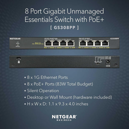 NETGEAR 8-Port Gigabit Ethernet Unmanaged PoE+ Switch (GS308PP) - with 8 x PoE+ 83W Desktop Wall Mount Sturdy Metal
