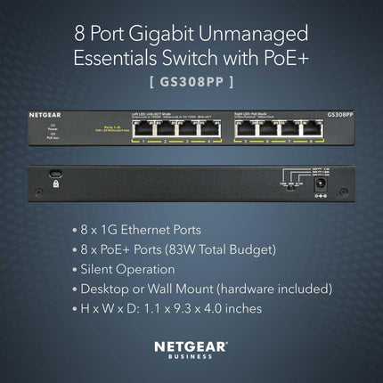 Switch PoE+ no gestionado NETGEAR Gigabit Ethernet de 8 puertos (GS308PP) - con 8 x PoE+ de 83 W, de sobremesa o para montaje en pared, de metal resistente