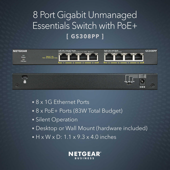 Switch PoE+ no gestionado NETGEAR Gigabit Ethernet de 8 puertos (GS308PP) - con 8 x PoE+ de 83 W, de sobremesa o para montaje en pared, de metal resistente
