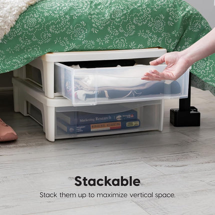 IRIS USA 22 Qt Underbed Storage Stackable Organizer Bin Container with Sliding Drawer, 2 Pack, Multi-Purpose for Clothes, Shoes, Clothing, Bedding, White