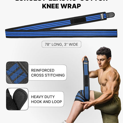 DMoose Fitness Knee Wraps for Weightlifting (Pair) - USPA Approved 78" Cotton Knee Straps for Powerlifting, Leg Press, Squats & Joint Stability - Reinforced Stitching Knee Wrap Support for Men & Women