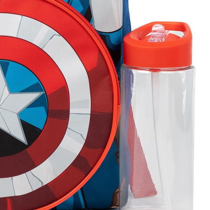 Marvel Boys Backpack Set | Kids 4 Piece Blue Rucksack Set with School Bag, Pencil Case, Lunch Bag & Water Bottle | Captain America, Iron Man & Hulk Avengers Matching Bundle | Back to School Gifts