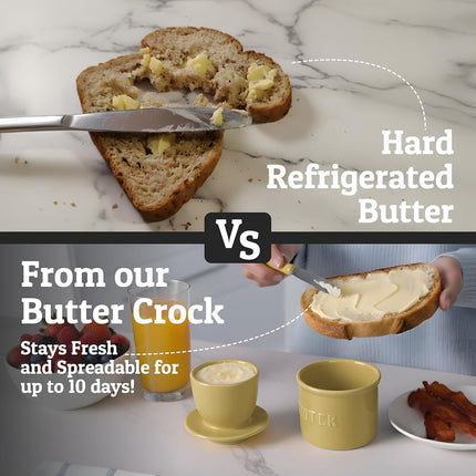 Priority Chef French Butter Crock for Counter with Water Line, On Demand Spreadable Butter, Ceramic Butter Keeper to Leave On Counter, French Butter Dish, Yellow [Khaki], Regular (GM-PC-Crock-KHK1)