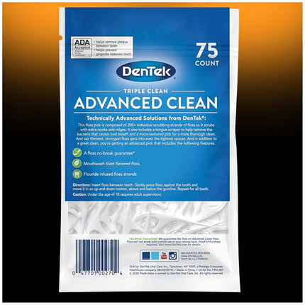 DenTek Triple Clean Advanced Clean Floss Picks, No Break & No Shred Floss, 75 Count, 3 Pack
