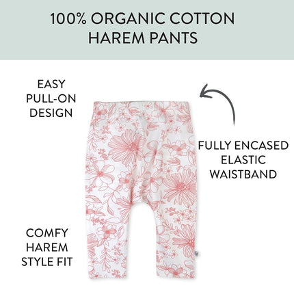 HonestBaby Multipack Harem Pants Roomy Fit Pull on Bottoms 100% Organic Cotton for Infant Baby Boys, Girls, Unisex, Sketchy Floral Pink, 6-9 Months