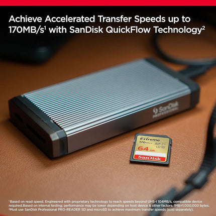 SANDISK Extreme SDXC card 64GB (SD card up to 170 MB/s, V30 Memory card, UHS-I, Class 10, U3, V30, RescuePro Deluxe data recovery software)