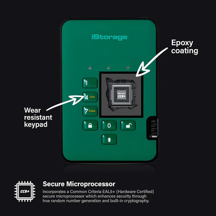 iStorage diskAshur2 HDD 3TB Green - Secure portable hard drive - Password protected - Dust & water resistant - Hardware Encryption