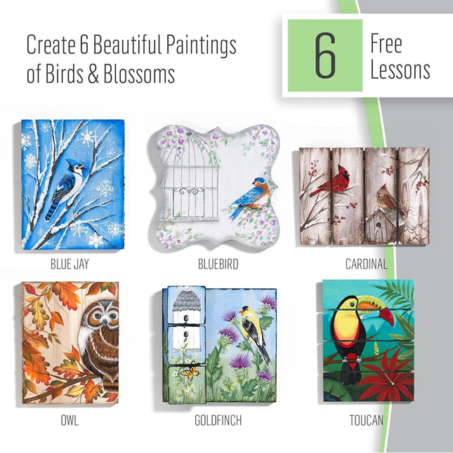 FolkArt Birds & Blossoms 2 oz One Stroke Acrylic Kit, 32 Piece Set Including 12 Multi-Surface Paints, 10 Brushes, 6 Teaching Guides, 3 Pattern Sheets & 1 2 fl oz Floating Medium