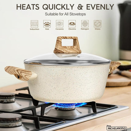 Michelangelo 4.3 Quart Nonstick Soup Pot with Lid, Non-Toxic Granite Coating, Induction Compatible, Non Stick Pot for Cooking with Stay-Cool Handles, White