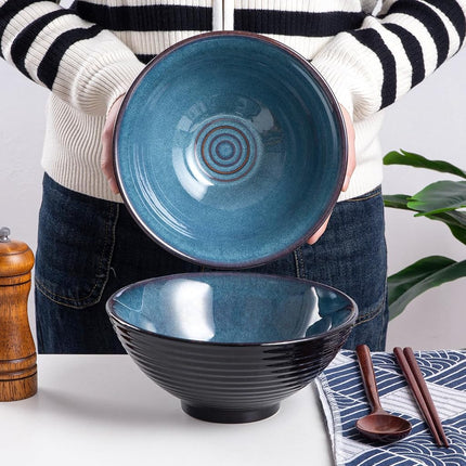 HOKELER Ceramic Japanese Ramen Bowl Set, 2 Sets Asian Pho Udon Soup Noodle Bowls with Spoons and Chopsticks (Starry Blue, 8 inches)