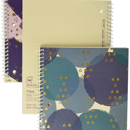 Cuaderno espiral Mead, 1 materia, a rayas universitarias, 70 hojas, 10-1/2" x 7-1/2", Shape It Up, morado, verde azulado, rosa, paquete de 3 (38191)