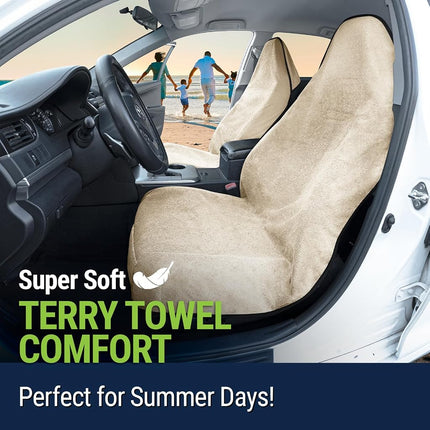 Season Guard Terry Cloth Sweat Towel Seat Cover; Carseat Towel Protector; Great for Gym Workout; Waterproof; Universal Fit for Car SUV Van Truck; EZ fit; Non Slip Grip; Machine Washable; 2pc Tan