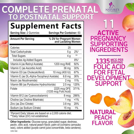 Folic Acid Prenatal Gummy for Women - Prenatal Vitamin Gummies With Folate - Pregnancy Support Supplement with Vitamins C, D3, B6, B12 & Omega 3 Prenatal Multivitamin, Non-GMO - 120 Gummies
