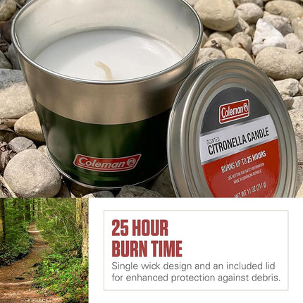 Vela de citronela para exteriores Coleman, vela decorativa en lata para patio, jardín, camping y uso al aire libre, incluye tapa protectora, hasta 25 horas de combustión, 311 g