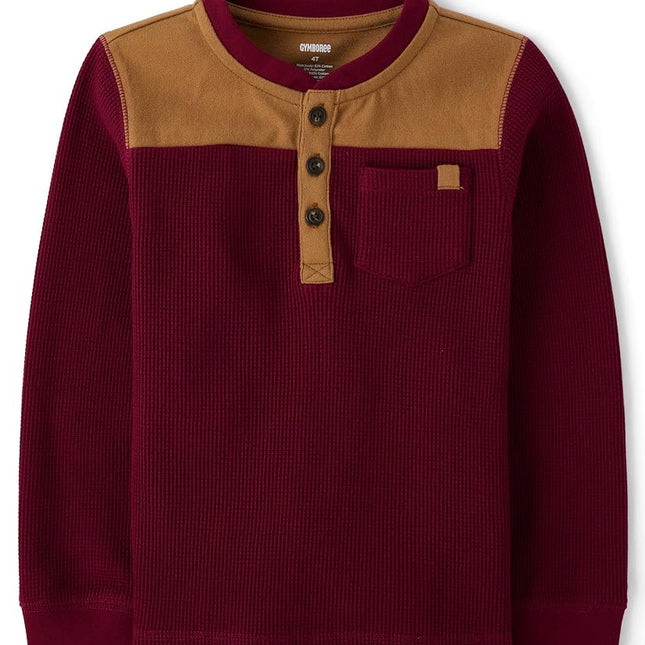 Gymboree Boys' and Toddler Long Sleeve Henley Shirt, Rubine, 4T