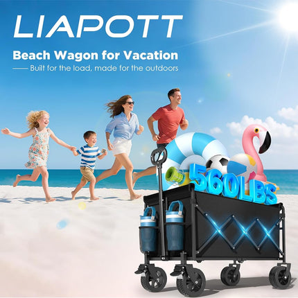 Folding Wagon, Extra Long Extender, Heavy Duty All-Terrain Wheels for Camping, Sports, Shopping, 330 lbs Capacity, Collapsible Cart for Beach, Sand and Large Events,Black (Black-Blue001)