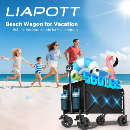 Folding Wagon, Extra Long Extender, Heavy Duty All-Terrain Wheels for Camping, Sports, Shopping, 330 lbs Capacity, Collapsible Cart for Beach, Sand and Large Events,Black (Black-Blue001)