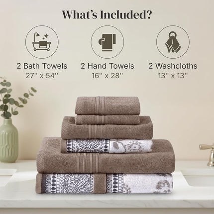 Modern Threads 6 Piece Set, 2 Bath Towels, 2 Hand Towels, 2 Washcloths Yarn Dyed Jacquard/Solid Towel Set Ophelia Fawn