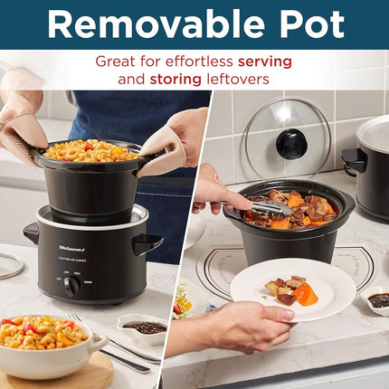 Elite Gourmet MST239X Dishwasher-Safe Glass Lid & Ceramic Pot Electric Slow Cooker, AdjCatable Temp, Entrees, Sauces, Stews and Dips, 2 Qt Capacity, Black