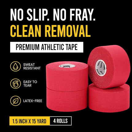 Bighorn Athletics Sports Tape | EZ-Tear Red Athletic Tape for Wrist, Hand, Ankle & Foot Support | Zinc Oxide Infused & Latex-Free Adhesive, Breathable Cotton Fabric, 1.5-Inch x 45-Feet, 4 Rolls, Red