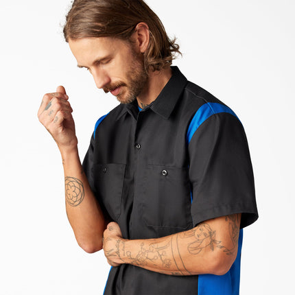 Dickies Men's Two-Tone Short Sleeve Work Shirt, Black, Royal, Medium