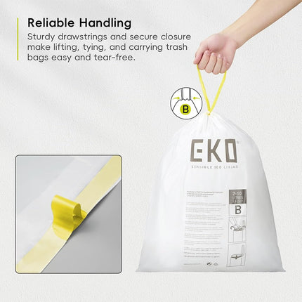 EKO Easy-Dispense Roll 80 Count Extra-Strong Drawstring Small Trash Bag, 2.6 Gallon Trash Bag (7-10L) 1 Pack White, Code B