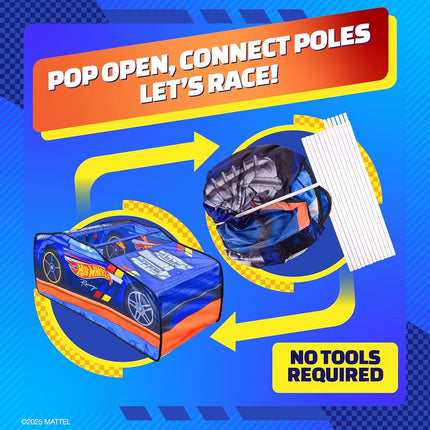 Hot Wheels� Pop Up Play Tent, Playhouse for Boys, Race Car Tent with Connections for Hot Wheels Tracks, Indoor Playspace with Roll-Up Door & Roof Opening, Easy Setup, Folds Flat for Storage