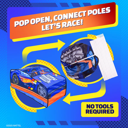 Hot Wheels� Pop Up Play Tent, Playhouse for Boys, Race Car Tent with Connections for Hot Wheels Tracks, Indoor Playspace with Roll-Up Door & Roof Opening, Easy Setup, Folds Flat for Storage