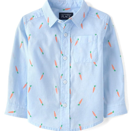 The Children's Place Chemise Boutonnée à Manches Longues en Popeline pour Bébés Garçons et Tout-Petits, Imprimé Carottes Bleues, 9-12 Mois