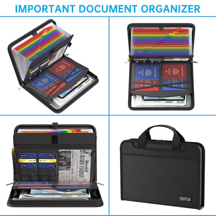 ENGPOW Accordion File Organizer, Fireproof 5200°F Expanding File Folder with 13 Pockets Document Organizer with Handle & Labels, Portable Home Office Travel Safe Storage for Letter A4 Files, Black