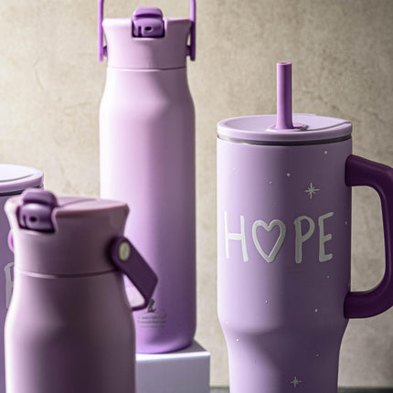 Vaso de viaje Zak Designs St. Jude Sutton para llevar, acero inoxidable de 40 oz con aislamiento al vacío, pajita de silicona y asa de transporte para bebidas frías (Hope)