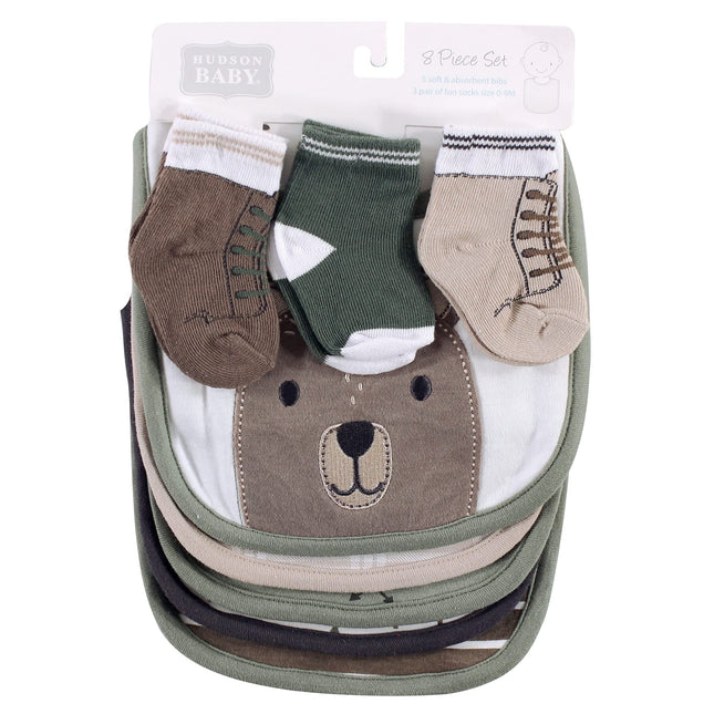 Hudson Baby Unisex Baby Cotton Bib and Sock Set, Forest Bear, One Size
