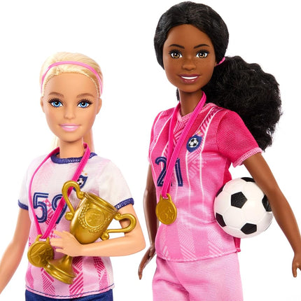 Barbie Careers Playset, Soccer Player Set with 2 Fashion Dolls & 15 Accessories Including Barbie 'Brooklyn”, Blonde Petite Player, 2 Nets & More, HRG88