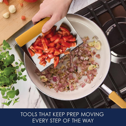 Rachael Ray Tools and Gadgets Kitchen Prep, Garbage Bowl with Lid, Bench Scrape, Veggie Peeler, 4 Piece Food Prep Set - Tumeric Yellow