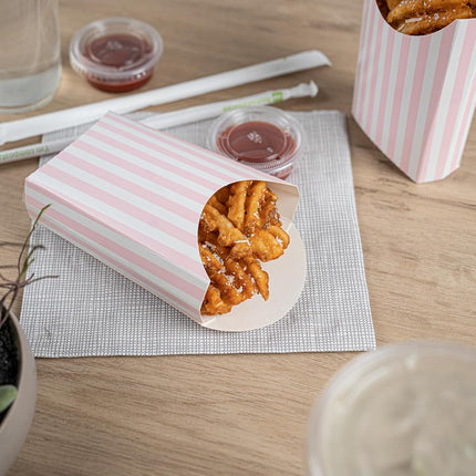 Bio Tek 4.7 x 3.5 x 5.1 Inch French Fry Cup, 100 Disposable Snack Cups - Stackable, Sustainable, Pink and White Paper 4 Ounce Fry Holder, for Fries, Onion Rings, Popcorn, or Cookies - Restaurantware