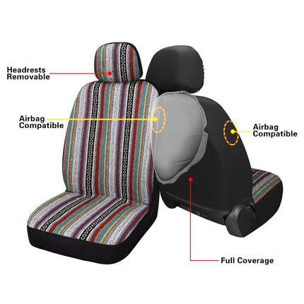 VarCozy Baja Saddle Blanket Seat Covers, Front Seat Covers for Sedan, SUV, Truck, Universal Stripe Colorful Woven Automotive Seat Cover, Breathable, Washable, Airbag Compatible