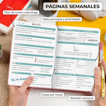 Clever Fox Planner 2 Edición en Español - Colorida Agenda de Objetivos Semanales y Mensuales, Organizadora de Tiempo, Sin Fecha A5 (Oro rosa)