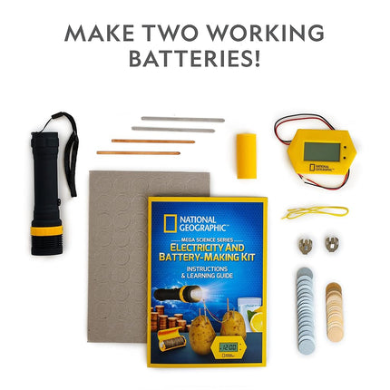 NATIONAL GEOGRAPHIC Kit para Hacer Pilas - Reloj de Patata y Linterna de Moneda, Kit de Ciencia, 2 Proyectos STEM de Electricidad Ideales para Niñas y Niños, Proyectos de Ciencia que Enseñan a los Niños sobre Circuitos