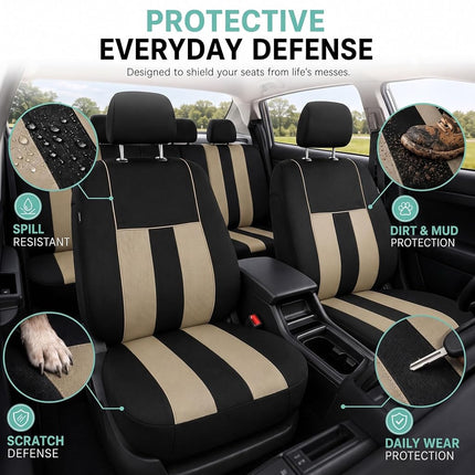 FH GROUP Car Seat Covers Full Set Cloth - Universal Fit,Automotive SeatCovers,Low Back Front SeatCovers,Airbag Compatible,Split Bench Rear Seat,Washable Car SeatCover for SUV, Sedan, Van Beige